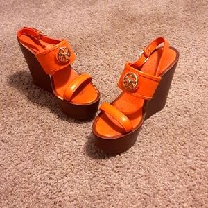 Used Womens Orange color with wood Wedge Heel Sandals Tory Burch Size 7.5